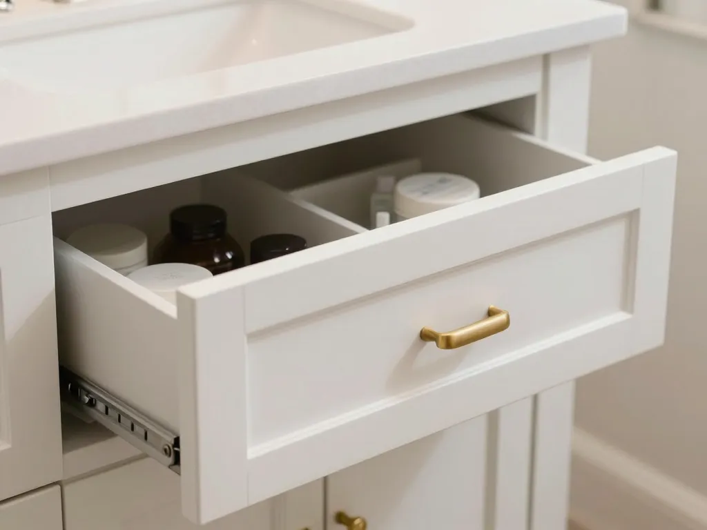 Soft-close drawer detail on custom bathroom vanity cabinet