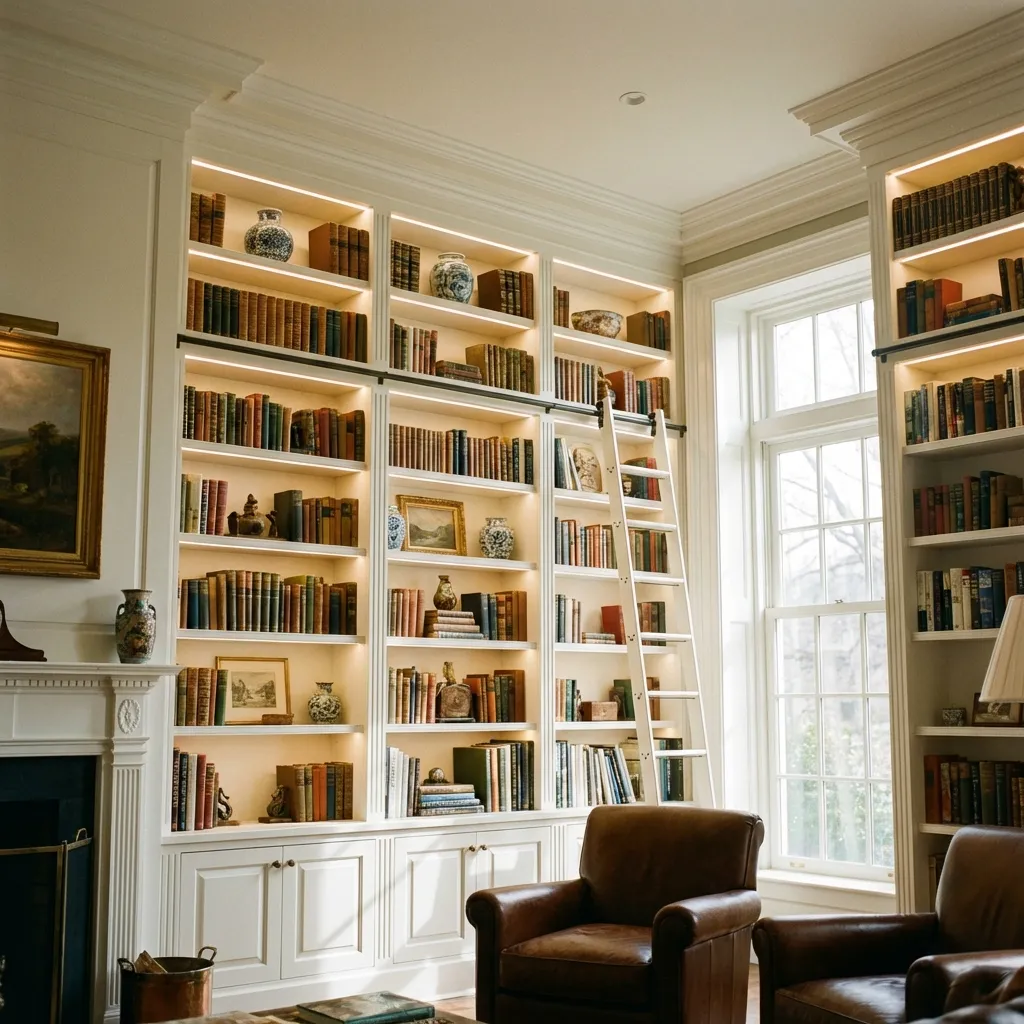 Custom built-in shelving detail with adjustable shelves and integrated lighting