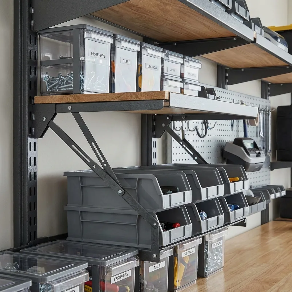 Completed residential garage transformation with white overhead cabinets and slatwall panel