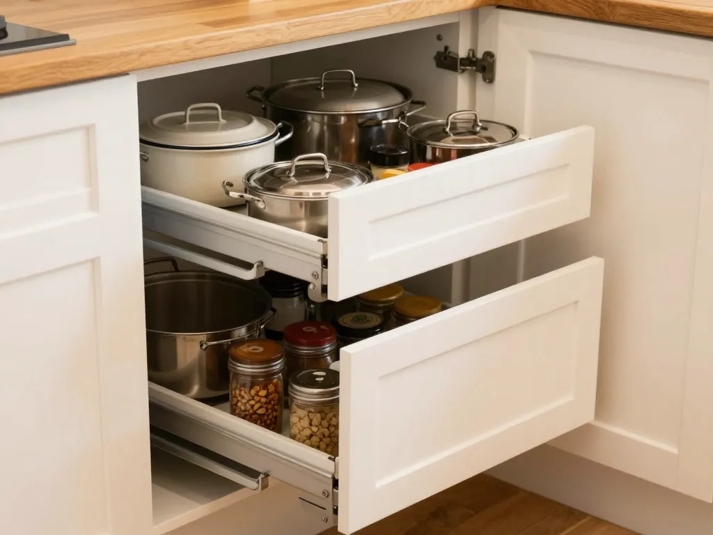 Custom kitchen cabinet pull-out drawer and storage organization system