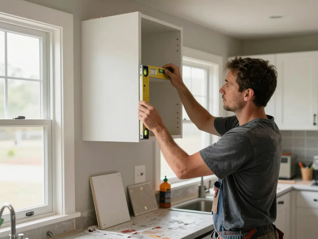 Professional cabinet installer leveling upper wall cabinet in a kitchen
