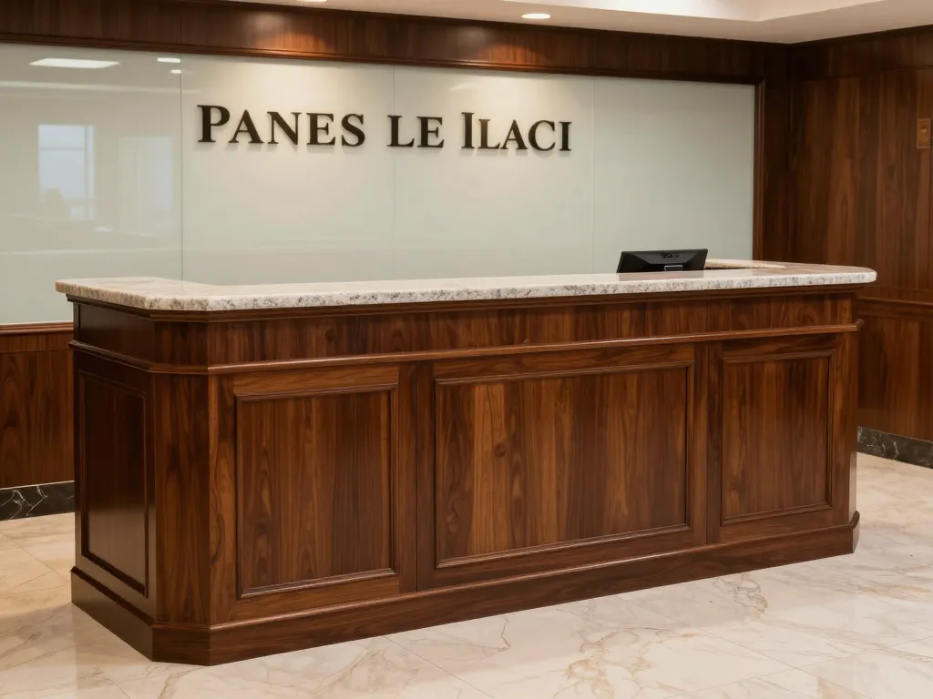Custom law firm reception desk millwork and conference room cabinetry installation
