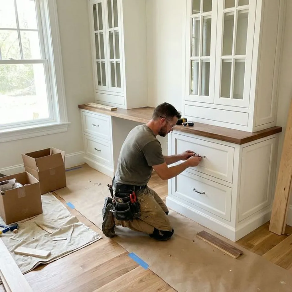 In-house crew installing custom built-in office cabinetry in a Huntsville home
