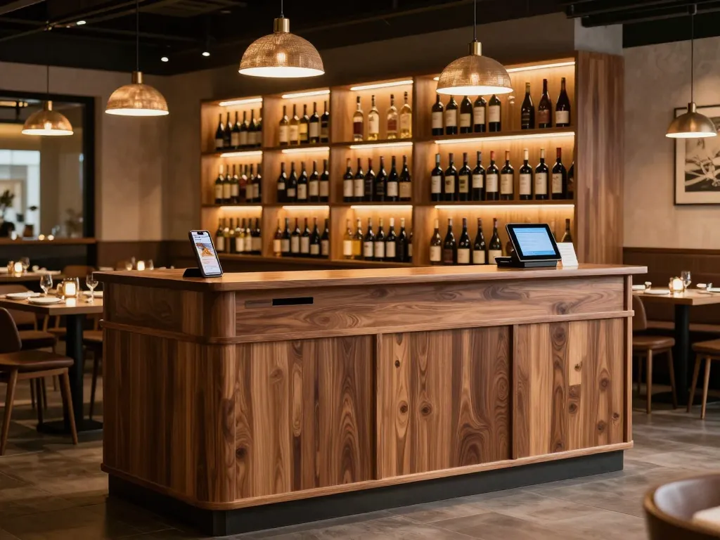 Custom restaurant bar back millwork with open display shelving and backlit panels