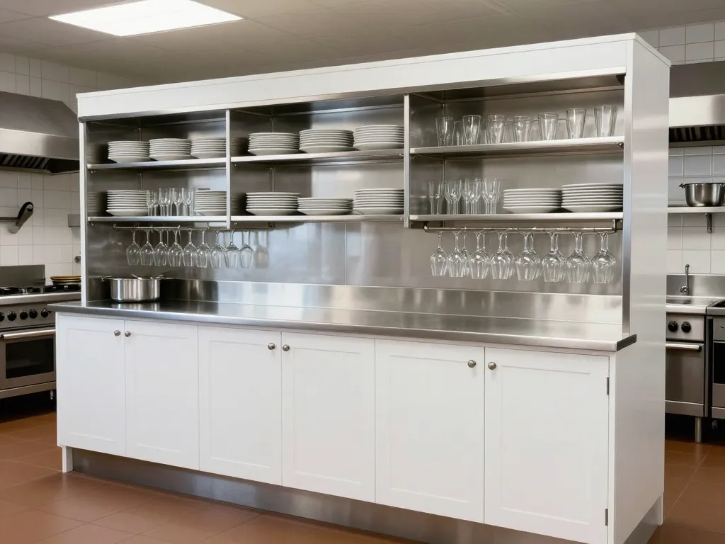 Restaurant server station cabinetry and back-of-house storage organization