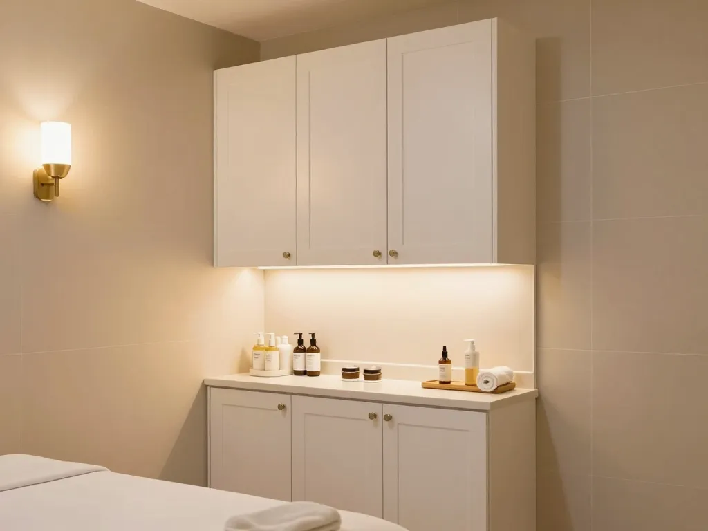 Spa treatment room cabinetry and retail display shelving