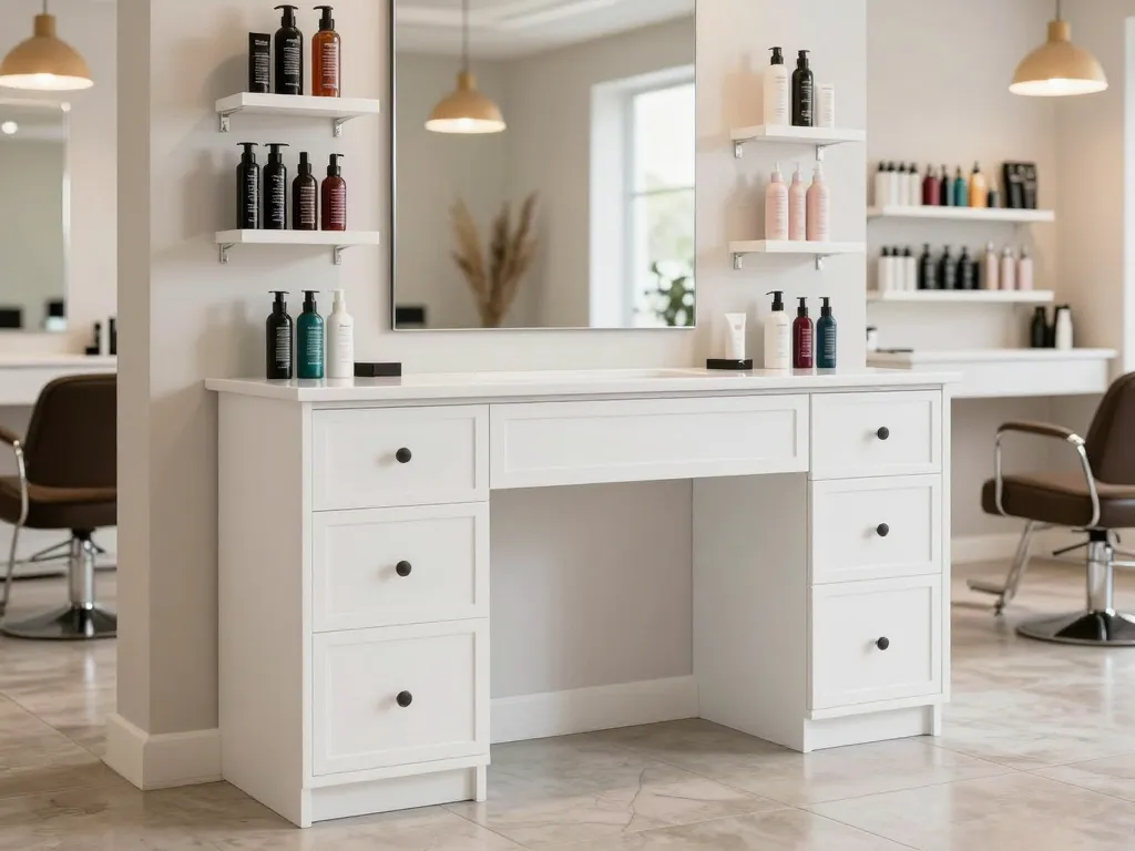 Custom salon styling station cabinets and backbar millwork in Huntsville, AL
