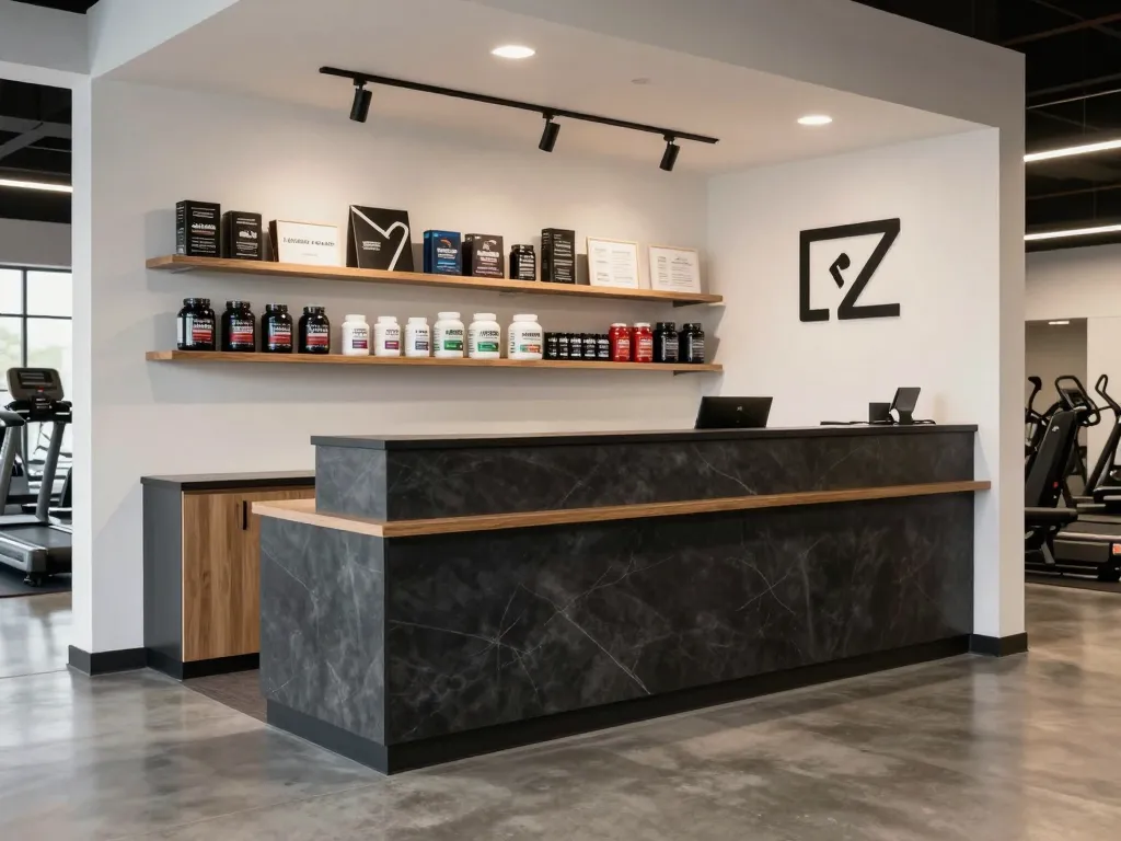 Fitness center reception desk millwork and pro shop display cabinetry