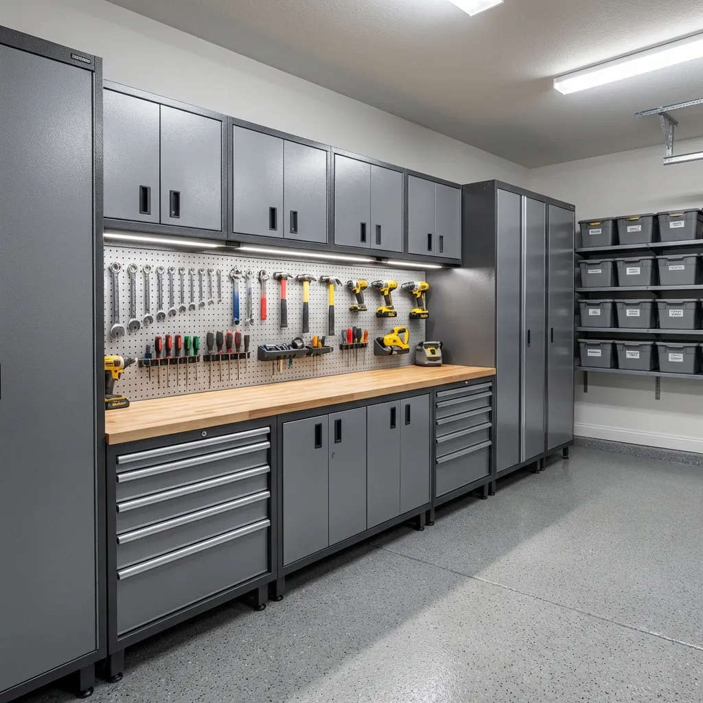Custom garage workbench with integrated cabinet storage and pegboard wall organization