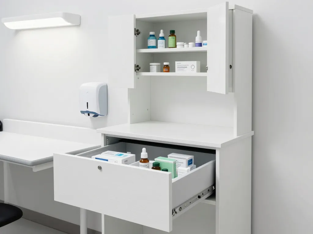 Medical exam room cabinets with chemical-resistant HPL surfaces