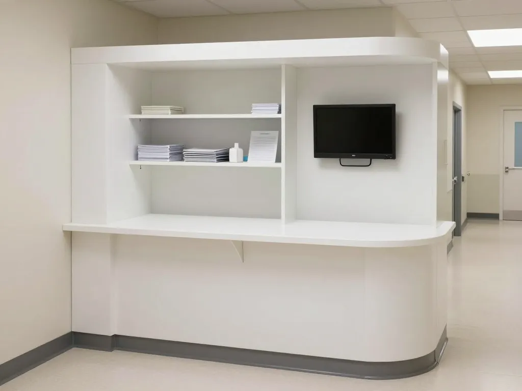 Custom nurses station millwork with transaction counter and locking storage