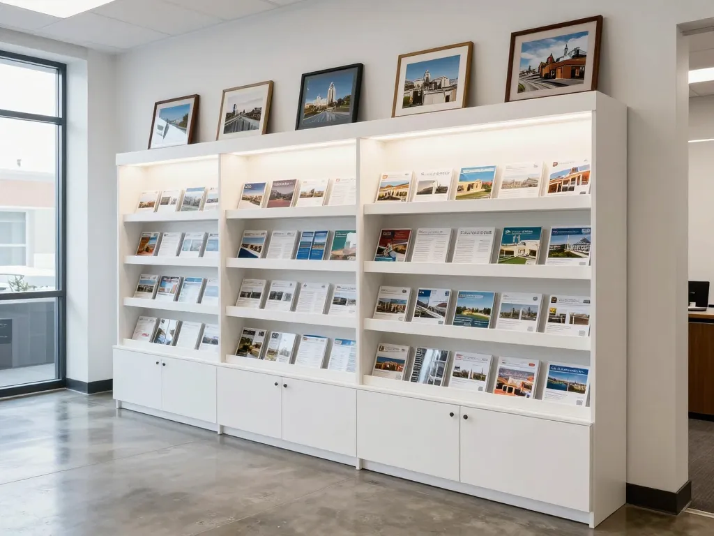 Custom real estate office reception desk and listing display millwork