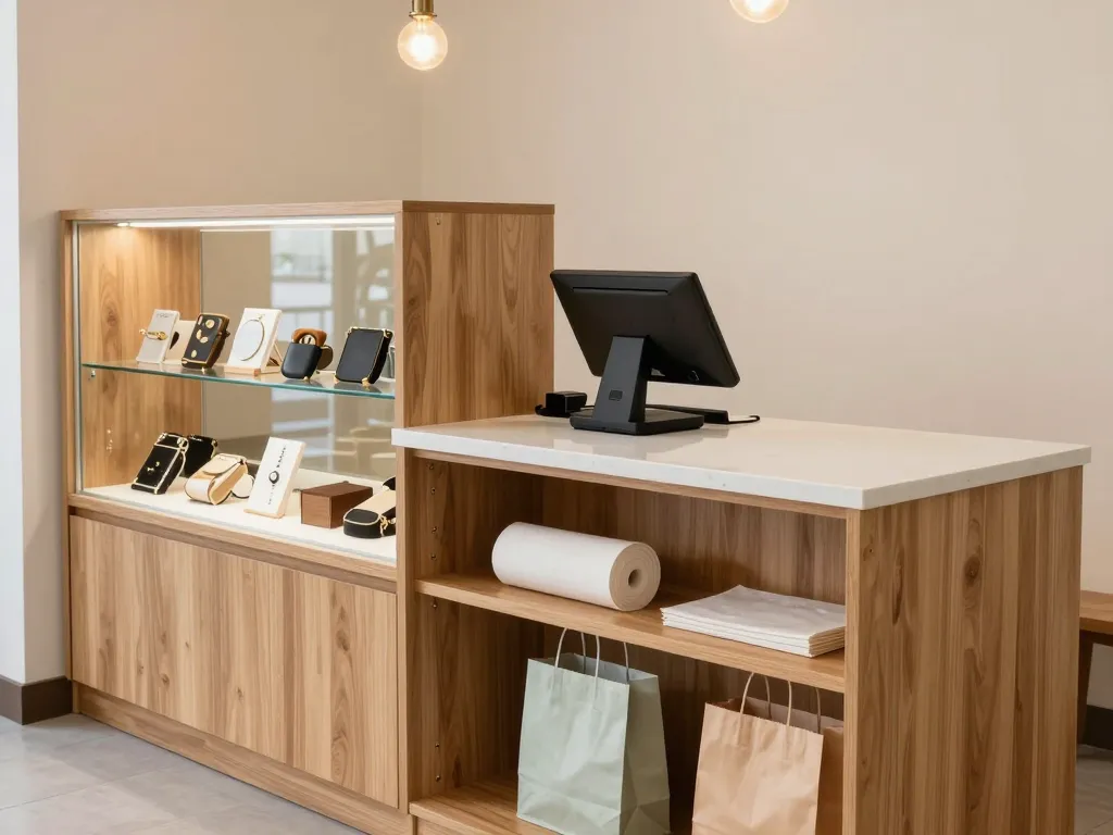 Custom retail checkout counter millwork and fitting room cabinetry