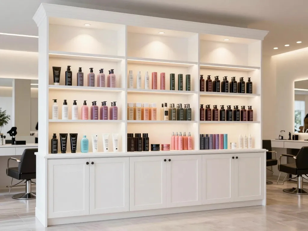 Custom salon styling station cabinets with organized drawer configuration